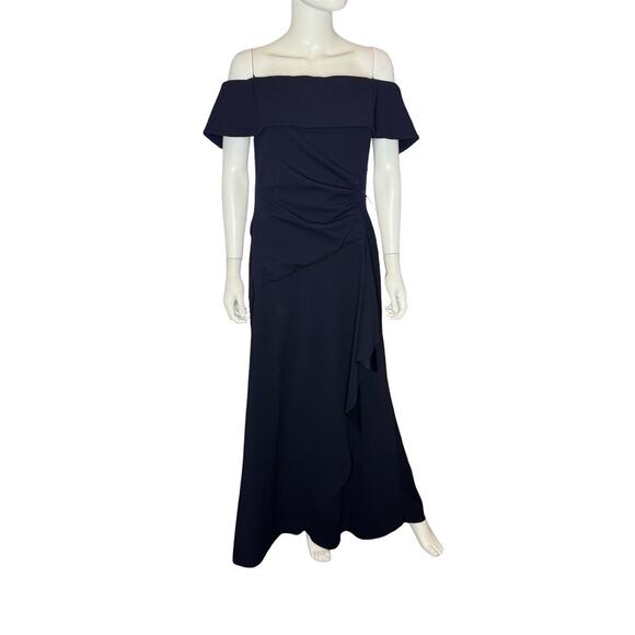 Xscape “Lindsay” Long Scuba Crepe Off the Shoulder Dress Navy Women’s Sz 16 - Picture 2 of 7